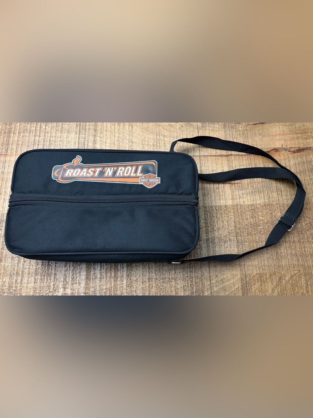 Harley-Davidson Black Coffee Tote Bag with Orange Accent "Roast 'N' Roll"